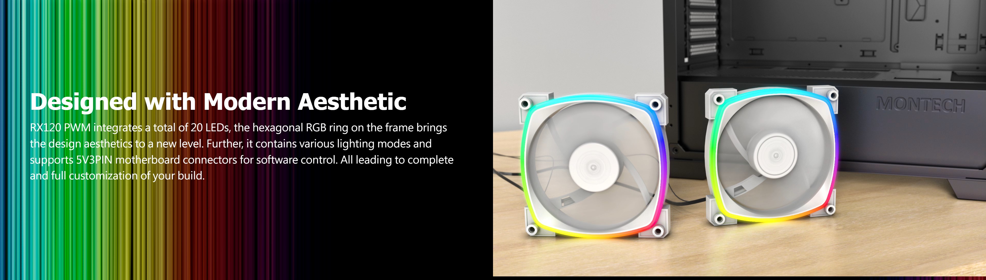 A large marketing image providing additional information about the product Montech RX120 - ARGB PWM 120mm Reverse Blade Fan (White) - Additional alt info not provided